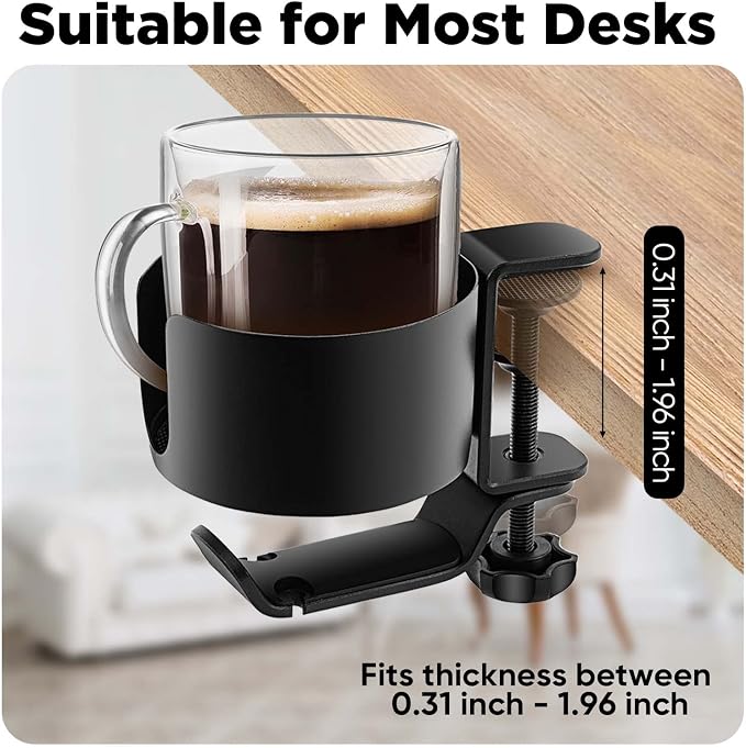 OOKUU 2 in 1 Desk Cup Holder with Headphone Hanger, Anti-Spill Cup Holder for Desk or Table, Easy to Install, Sturdy and Durable, Enough to Hold Coffee Mups, Water Bottles, Headphones (Pack of 2)