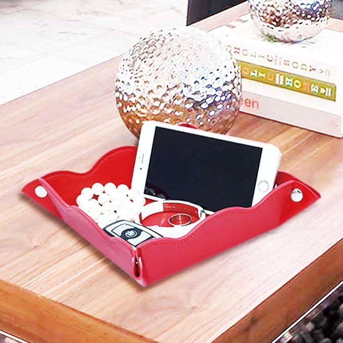Valet Tray for Men Women 2 Pack - PU Leather Travel Catchall Tray Organizer - Desk Bedside Nightstand Storage Box for Jewelry Key Phone Remote Controller Wallet Readerss -Red and Black