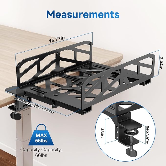 Pholiten Clamp-on Desk Extender PC Desk Mount Holder，Universal PC Wall Mount,7.28 to11.8 inch Wide Gaming Computer Case Stand，Capacity Weight 66lbs