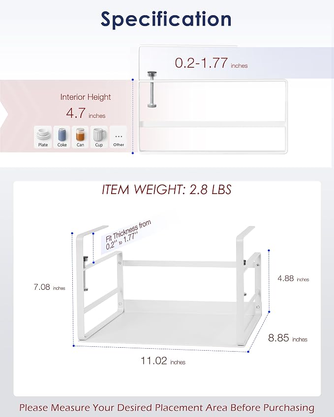 Nxconsu Under Shelf Basket Storage Organizer 2 Pack, Small 11" White | Heavy-Duty Metal Under Shelf Basket Holds 30 lbs, No-Drill Knob-Lock Storage Organizer for Kitchen Cabinet Pantry Cupboard