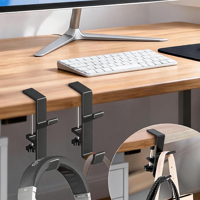 Desk Mount Bag Holder Hook Clamp,On Backpack Hanger Portable Desk Mount Headphones Holder for Reduce Desk Clutter Table Desk Table Hanging Storage(2 Pcs-Double Hook Black)