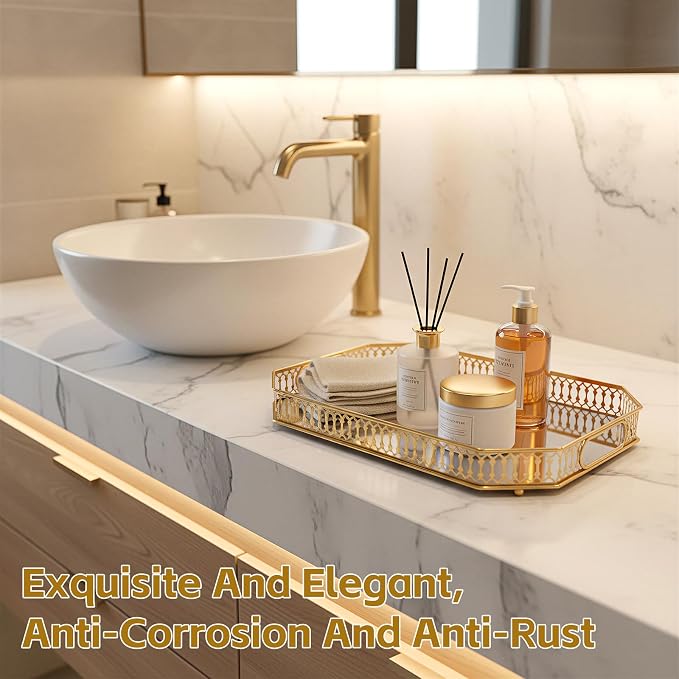 Durable Decorative Organizer for Dresser, Bedroom, Bathroom Countertops - Spacious with Handle in Your Desk Space Scratch-Resistant - Gold(Large)
