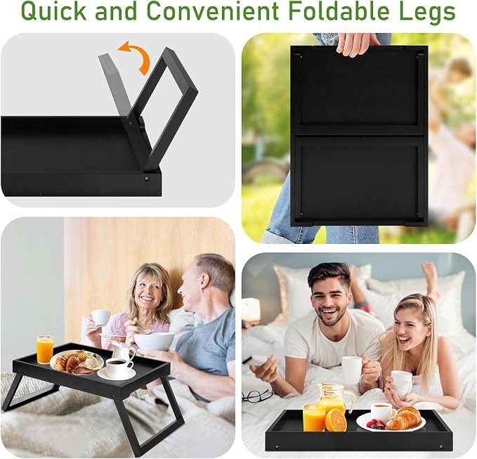 Bamboo Bed Tray Table with Foldable Legs, Breakfast Tray (Black) | Laptop Desk with Folding Legs for Bed or Sofa,Food,Dinner, Serving,TV Table,Kitchen,Eating,Working