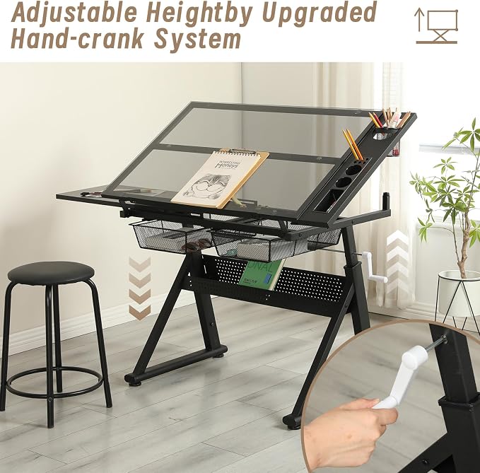 Hand Crank Adjustable Drafting Table with Tempered Glass Top, Height Adjustable Art Drawing Desk with Metal Drawers, Slide-Up Pencil Ledge & Stool, Drafting Desk for Home Studio Office