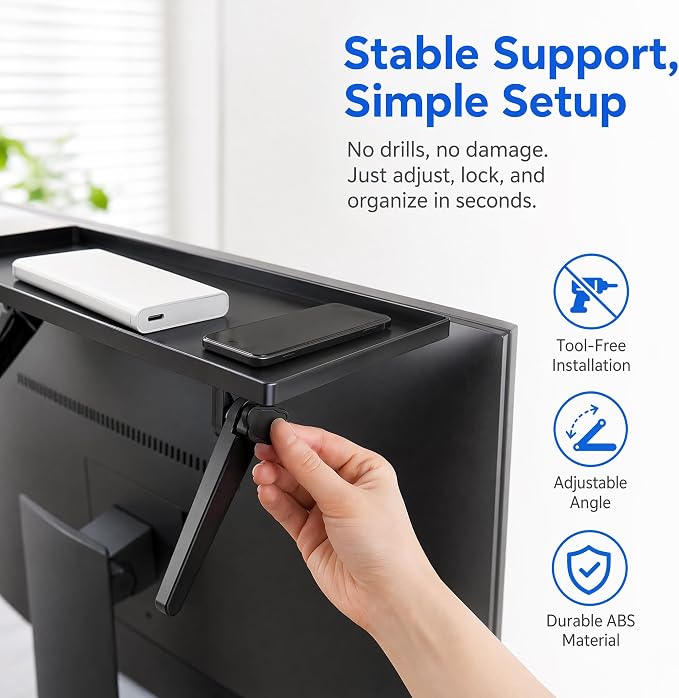 7-Inch Adjustable Screen Top Shelf Organizer for TV Computer Monitor Flat Screen 'TV Mount Top Shelf Used to Place Soundbar Cable Box Speakers Apple TV Play-Station Camera Frames Remote-Black