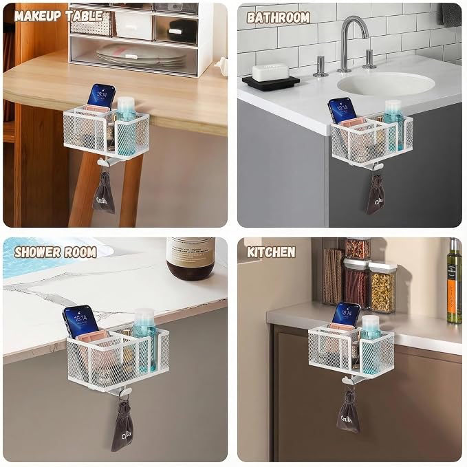 Multi-Function Desk Cup Holder with Headphone Hanger, 3 in 1 Caddy Organizer for Salon Chair, Bedside, Desk or Table - Sturdy Anti-Spill Drink Holder for Water Bottles, Coffee, Bag (White)