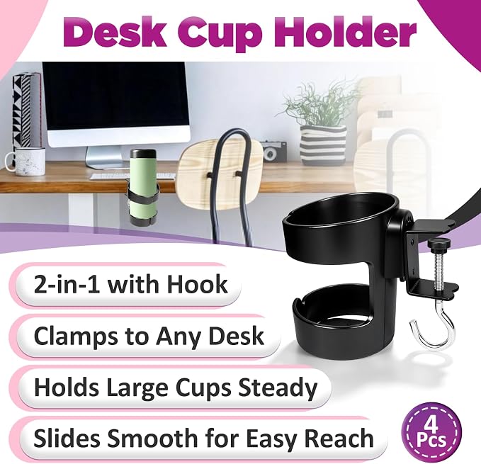 4Pcs 2-in-1 Desk Cup Holder, Compatible with Stanley and Owala Water Cup | Adjustable Anti-Spill Tumbler Clamp Organizer with Hook, Ideal for Office and Home Workstation (Black)