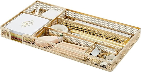 Annova Desk Drawer Organizer Tray for Office Organization - Metal Mesh - Storage Tray with Dividers for Pens, Desktop Accessories, Bathroom, Kitchen, Makeup and Office Supplies (Small, Gold)