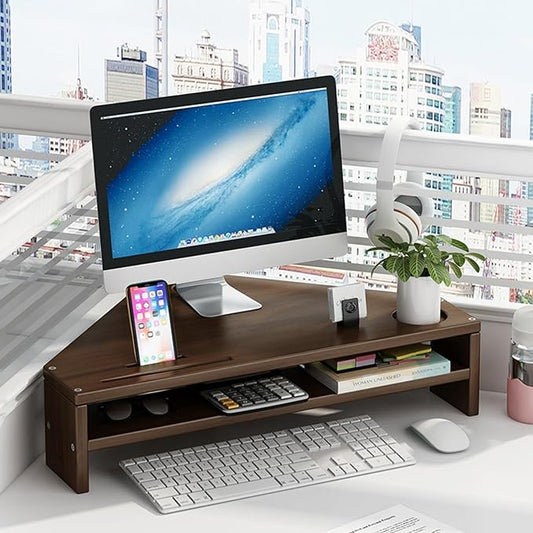 Corner Monitor Stand - 2-Tier Riser with Storage, Laptop Desk Organizer for Office and Study, Space-Saving Desktop Triangle Shelf
