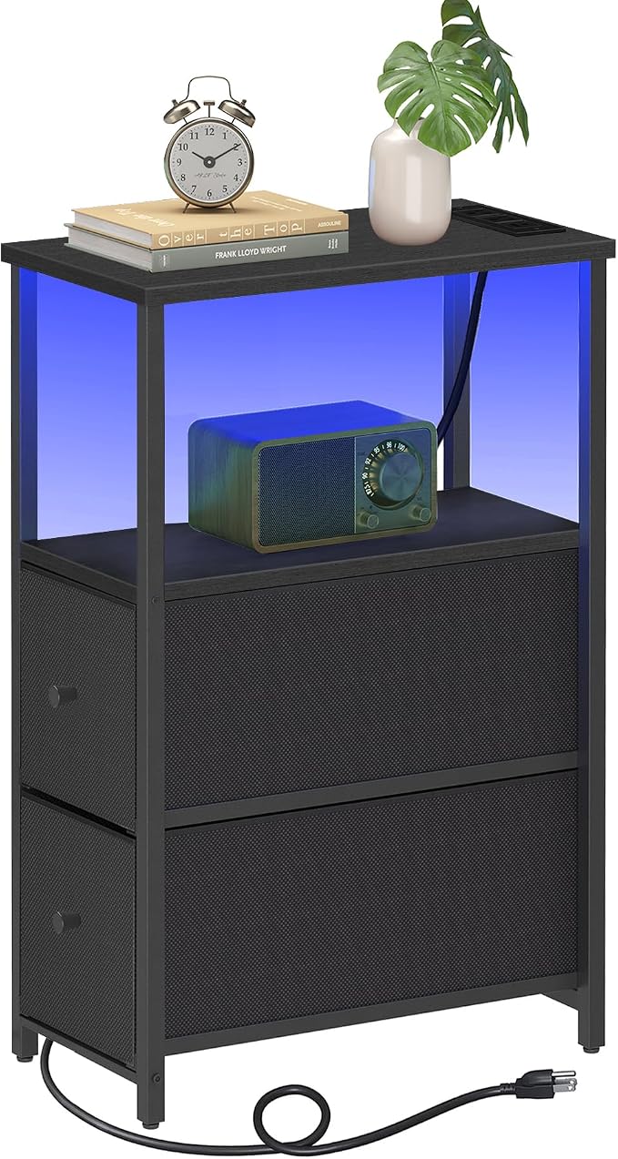 TUTOTAK Small Narrow LED End Table with Charging Station, Side Table Outlets, Nightstand with 2 Cloth Drawers, Couch Table, for Living Room, Bedroom, Bedside, Black TB01BK085L