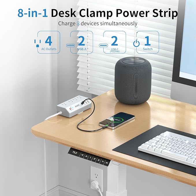 Desk Clamp Power Strip 10FT with PD 20W Fast Charging USB C, JXGUCAT Desk Mount Power Strip Surge Protector, Removable Extension Cord with 4 Outlets 4 USB Ports, Fit 1.8" Tabletop Edge, White