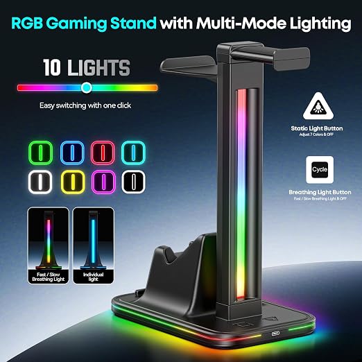 Kytok 4-in-1 Gaming Headset & Controller Stand for Desk, 360° Rotating Headphone Stand with Phone Holder, 10 RGB Modes for PC Gaming Enthusiasts, P5/SW/Xbx Controller Accessories