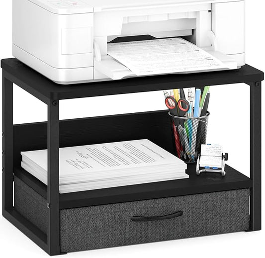 MARTY Printer Stand with Storage Drawer for Desk, 2-Tier Desktop Printer Stand Shelf Organzier for Home Office Printer Riser Under Desk Small Printer Table for Fax Machine Copier Scanner (Black)
