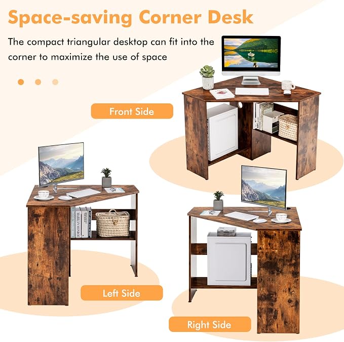 Small Corner Desk, Space-Saving Corner Workstation with Storage Shelves & CPU Stand, 90 Degree Triangle Makeup Vanity Desk, Wood Corner Computer Desk for Small Space (Rustic Brown)