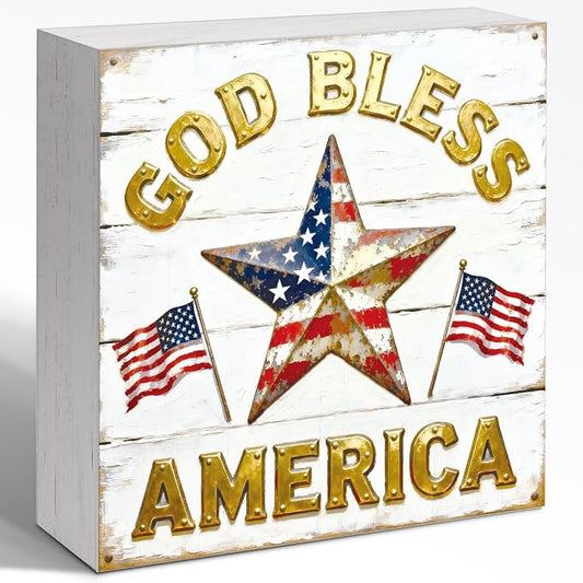 Patriotic Wooden Box Sign,God Bless America Star 4th Of July Signs Home Decor,Independence Memorial Day Block Sign for Desk Shelf Tabletop Decor
