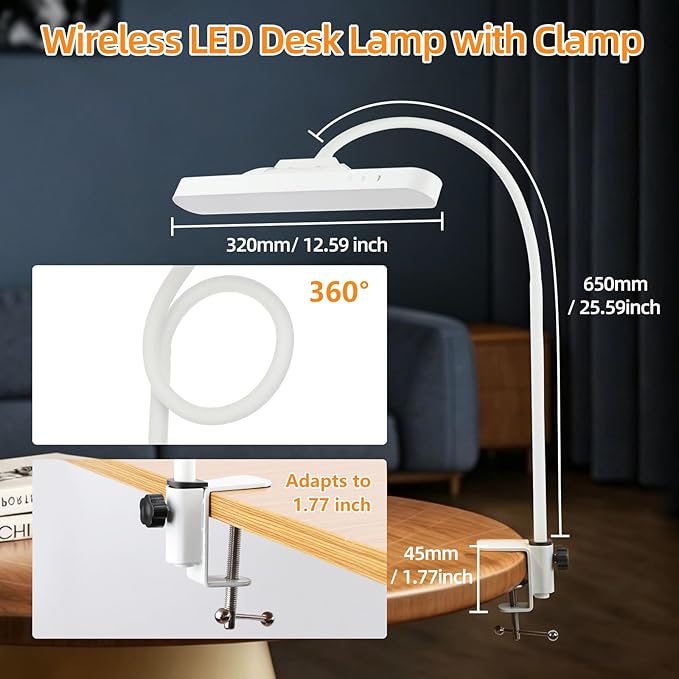 ShineTech Rechargeable LED Desk Lamp for Home Office, Magnetic Cordless Clip On Desk Light with Clamp, 3 Color Modes & Stepless Dimming, Eye-Caring Gooseneck Lamp for Reading, Study, White