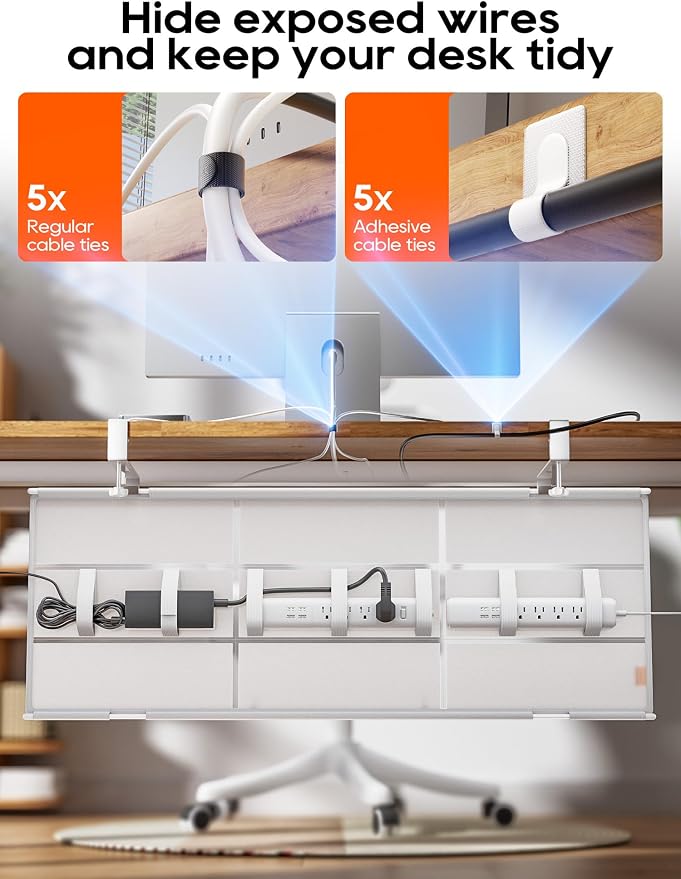 Under Desk Cable Management Tray No Drill, Cable Ties Included, Eco-Friendly Canvas Material, Mesh Design for Heat Dissipation, Cable Organizer/Storage for Standing Desk(39inch, White)