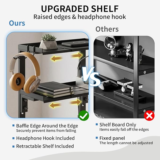 ENCIMART Expandable Clamp on Desk Shelf, 2 Tier Adjustable Desktop Shelves Organizer, Above or Under Heavy Duty Desk Storage with Headphone Holder for Working and Gaming Desk Accessories (Black)