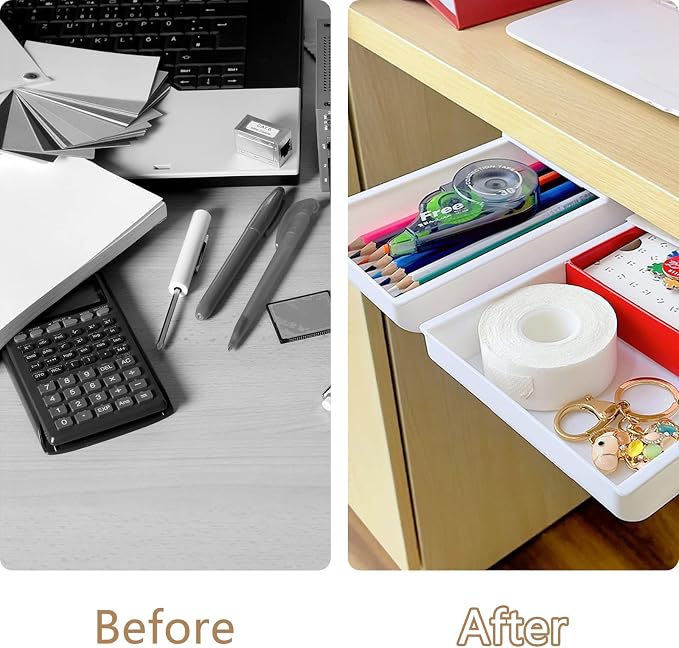 2 Packs Under Desk Drawers, Slide Out Drawer Attachment, Plastic Desk Accessories & Workspace Organizers, Self-Adhesive Hidden Desktop Pen Holder for Office School Home (White)