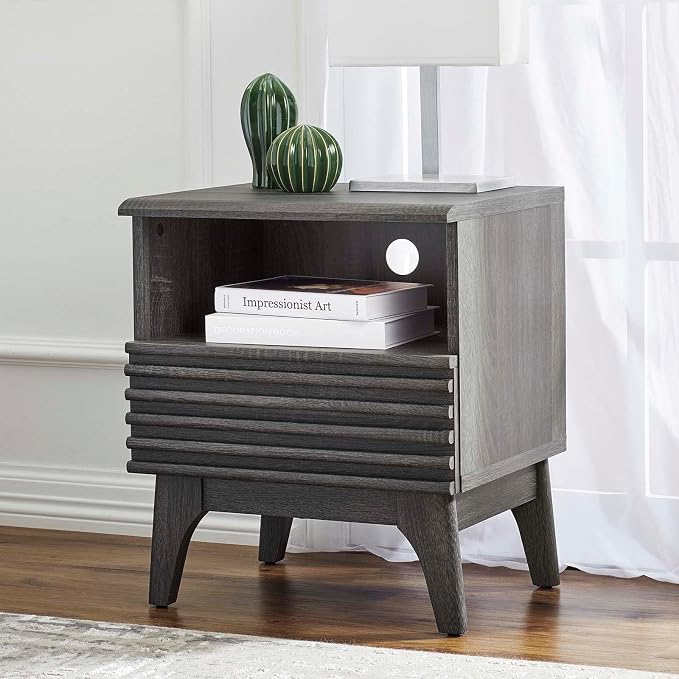 Modway Render Mid-Century Modern, One-Drawer Nightstand, Charcoal