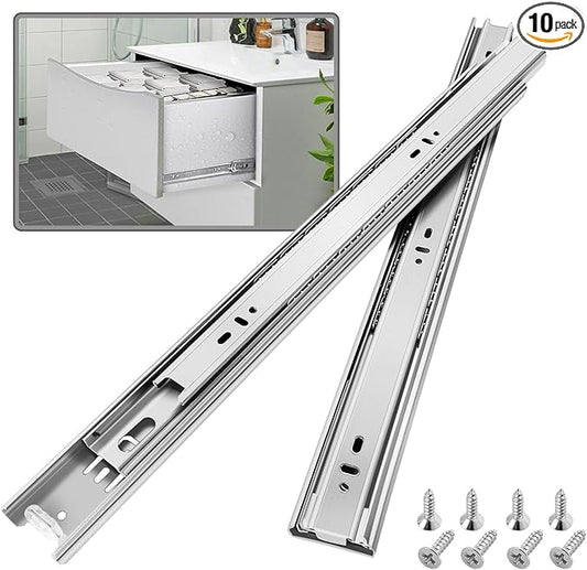 10 Pair Stainless Steel Full Extension Ball Bearing Drawer Slides 8 10 12 14 16 18 20 22 24 Inch 100 LB Load Capacity Side Mount Cabinet Rails Dresser Metal Runners Kitchen (12 inch,Stainless)