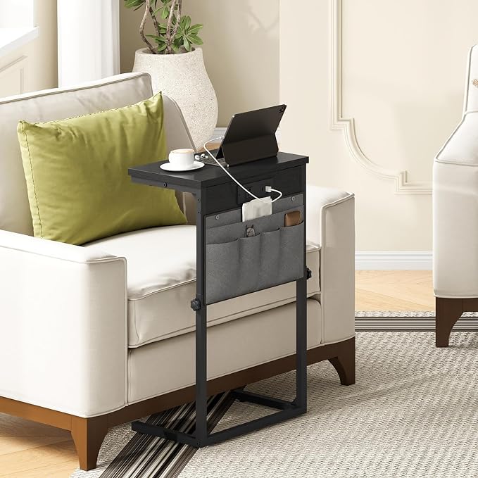 HOOBRO C Shaped End Table with Charging Station, 30” Adjustable Height Sofa Side Table with Storage Pocket, Slide Under Couch Table for Sofa Arm Tray, for Living Room, Bedroom, Black BB77USF01