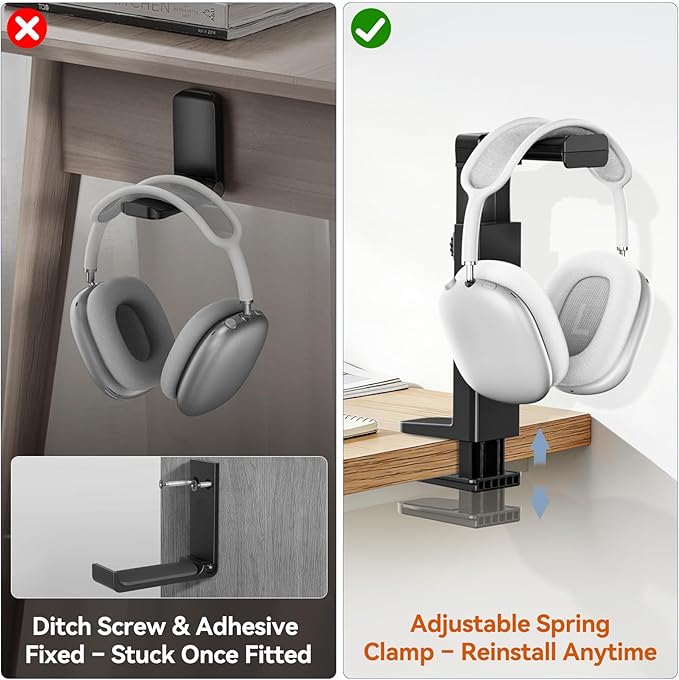 Headphone Stand & Hanger for Desk, 2 in 1 Above & Under Desk Gaming Headset Holder Mount with Height Adjustable & Rotating Clamp, Dual-sided Anti-slip Pad Earphone Rack with Cable Clip Headphone Cases