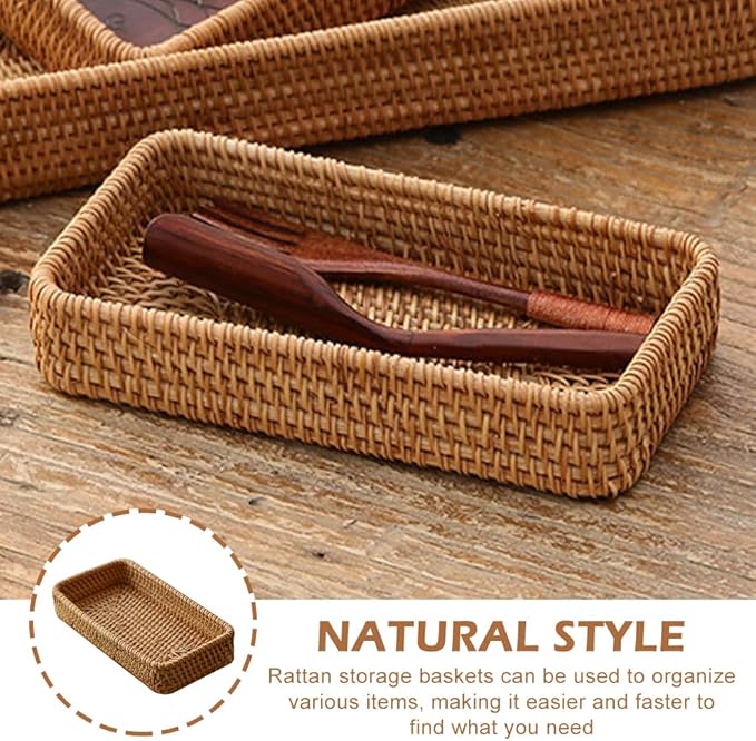 ‌Rattan Serving Tray & Vanity Storage Basket, Natural Wicker Display Tray for Keys, Jewelry, Cosmetics, Bathroom Countertop, Living Room, Entryway, Office