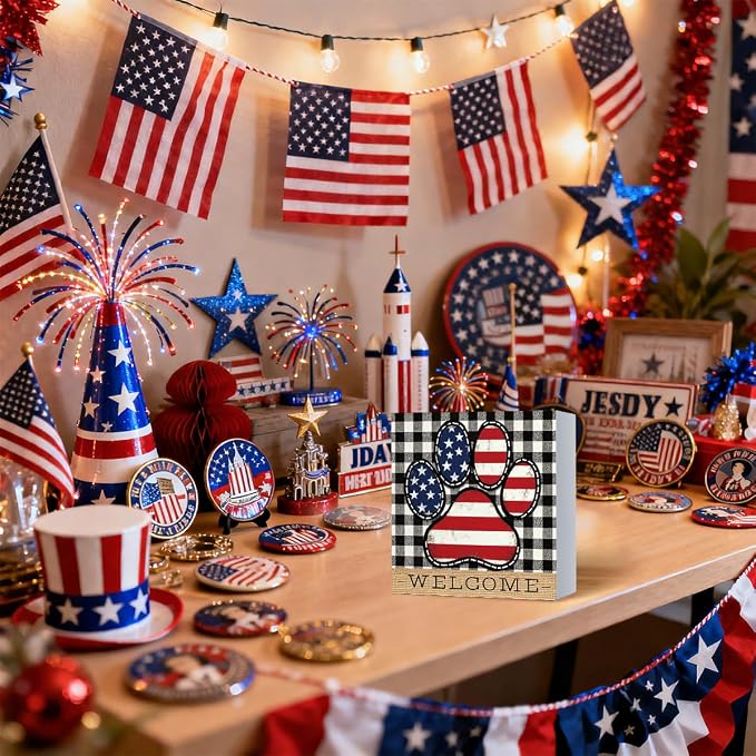 Patriotic Wooden Box Sign,Welcome Dog Paw 4th Of July Signs Home Decor,Independence Memorial Day Block Sign for Dog Lovers Shelf Tabletop Decor