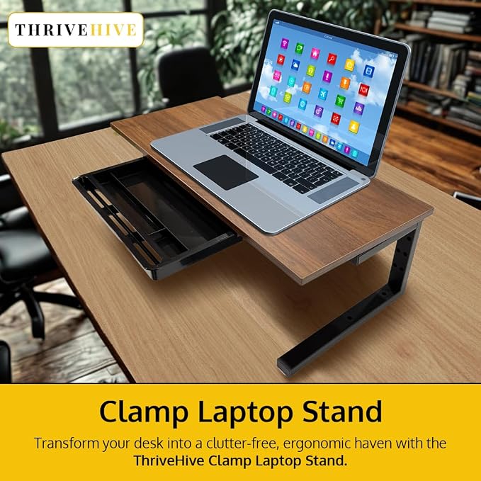 Ergonomic Clamp-On Laptop and Computer Monitor Riser Stand with Drawer, 21.6 x 9.8 inch - Dark Brown|Laptop Stand for Desk, Monitor Riser, Desk Organizer, Office Desk Home Workspace