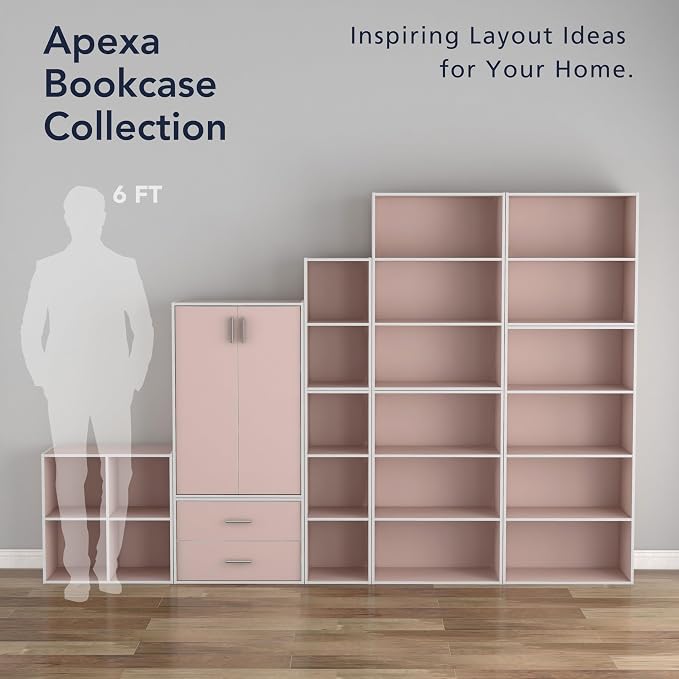 Homes: Inside + Out Apexa 3-Tier Cube Storage Organizer Shelves, Stackable Wood Bookcase Fits Cubby Bins for Organization, Dorm Teen Room Decor & Home Office, Light Pink