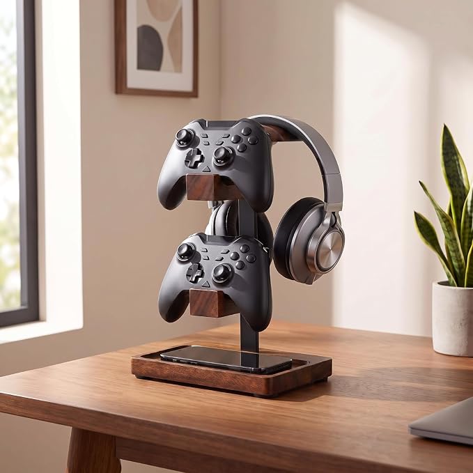 Headphone Stand with Controller Holder, Gaming Headset Stand for Desk, Walnut Headphone Holder Desk Organizer Gaming Accessories Gift for Gamers(Deep Walnut)