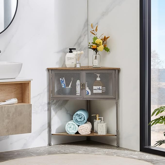 VECELO 3-Tier Corner Table,Cabinet with Mesh Door and Open-Shelf,Corner Shelf Stand,Metal Frame Storage Shelf Organizer Display Shelves for Bedroom,Living Room,Kitchen,Bathroom