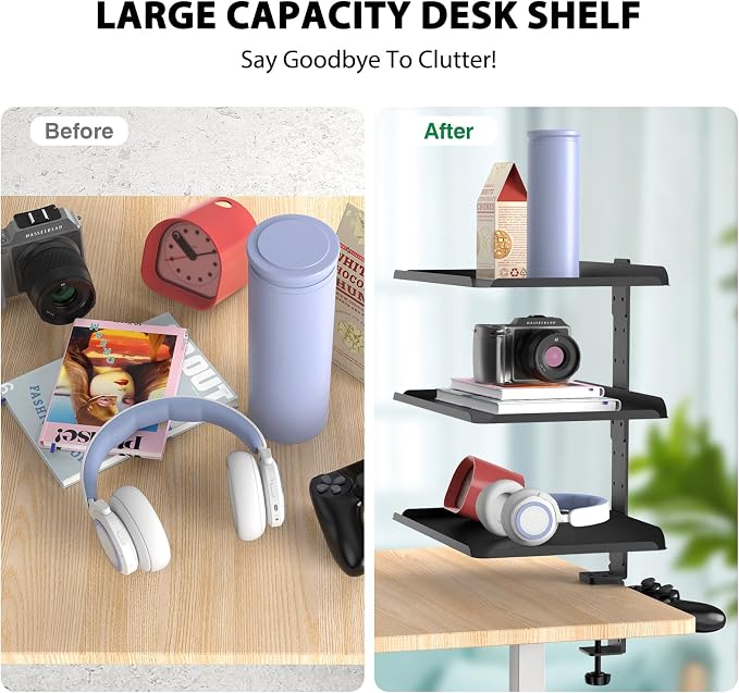3 Tier Clamp On Desk Shelf, No Drill Desk Extension Shelving Unit with Adjustable Metal Trays & Headphone Stand Above or Under Desk Storage, Heavy Duty Desktop Storage Rack for Home Office