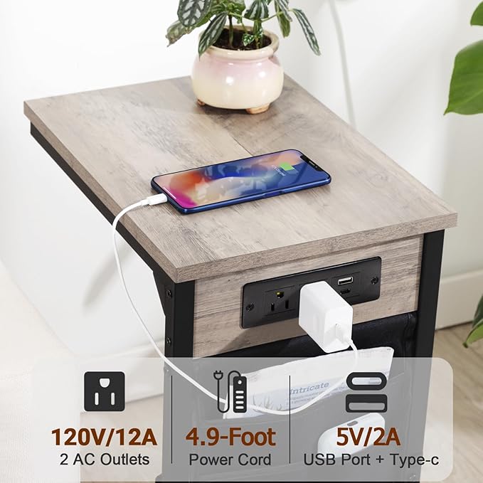 AMHANCIBLE C Shaped End Table with Charging Station, Couch Side Tables that Slide Under Sofa with Storage Bag, Slim TV Tray with USB Ports and Power Outlets for Living Room, Bedroom, Grey HET04CGY