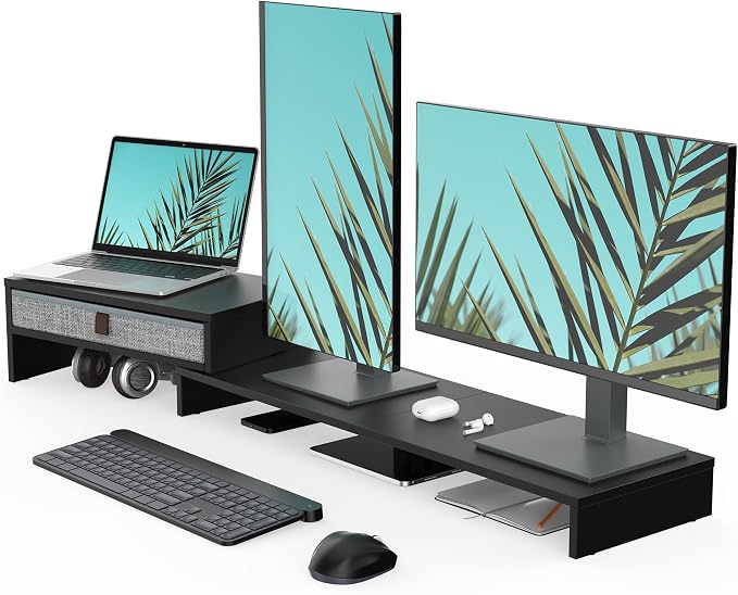 Fenge Computer Monitor Riser Stand with Drawer for 2 or 3 Monitors ,Adjustable Length and Angle Desktop Laptop Stand,Office Organizer,Printer,Black