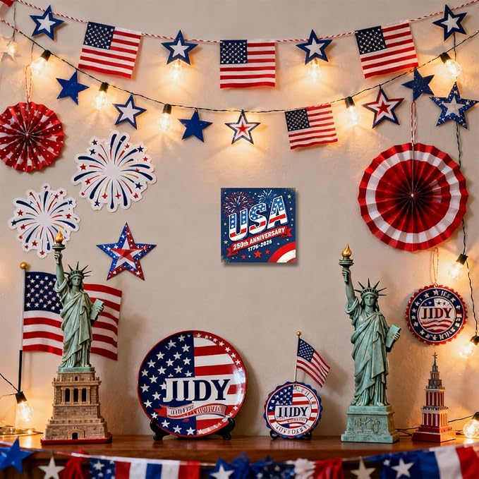 Patriotic Wooden Box Sign,USA Anniversary 4th Of July Signs Home Decor,Independence Memorial Day Block Sign for Desk Shelf Tabletop Decor