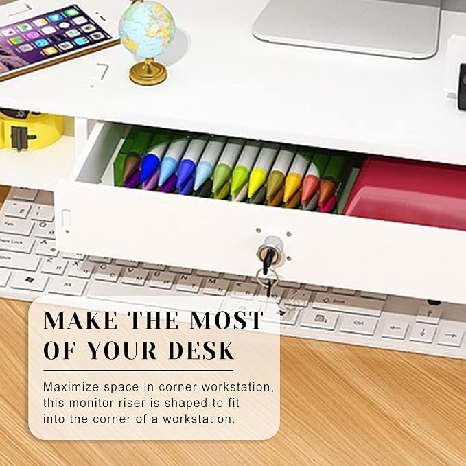 White Corner Monitor Riser with Drawer - Ergonomic Triangle Screen Stand with Lock, Space-Saving Desk nizer for Improved Comfort and Productivity