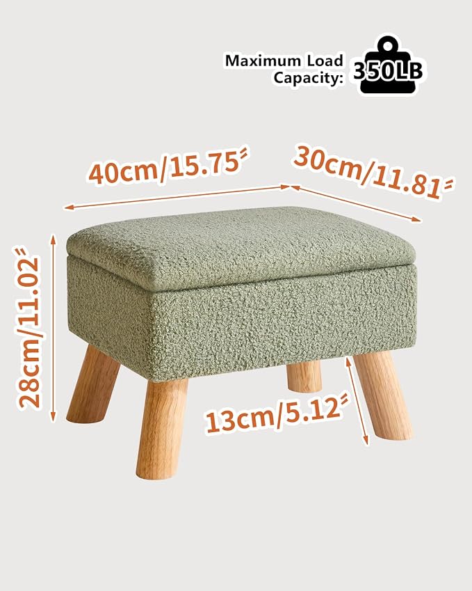 YMYNY Storage Ottoman,Small Foot Stool, 15.75"×11.81"×11.02" Green,HBD042GR | Teddy Velvet,Sturdy Wood Legs,Footstool with Padded Seat, For Living Room Bedroom Couch Entryway