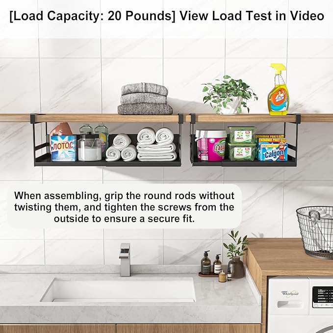 Expandable Under Cabinet Shelf Organizer with 1.25 Inches Thick Clips, Heavy Duty Extendable Under Shelf Storage Basket for Pantry or Laundry Room, Black, 1 Pack, Interior: 5.7" H x 8.54" D