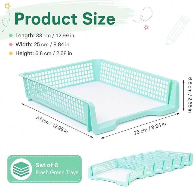 Set of 6 Green Turn in Trays for Teachers Stackable Classroom Paper Letter Trays Plastic Classroom Desk Letter Organizer Tray Storage Baskets for Library, Drawers, Office, Home