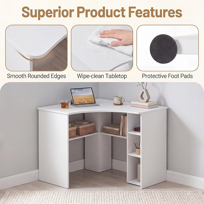 Giantex White Corner Desk, Triangle Computer Desk with Charging Station, Open Storage Shelves and Curved Edge, Space Saving Writing & Makeup Vanity Desk for Small Spaces, Home Office, Bedroom