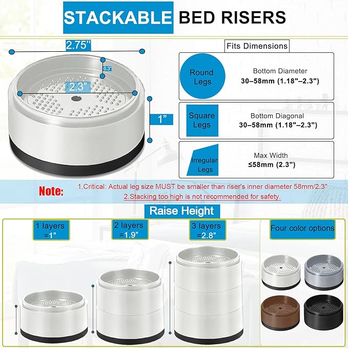 Bed Risers 1 inch, 2 inch, 3 inch, 4 inch Heavy Duty, Adjustable Furniture Riser for Table Desk Couch Sofa Chair Refrigerator Washing Machine, Stackable Bed Raisers Blocks (White 4 Pack, 1+1 inch)
