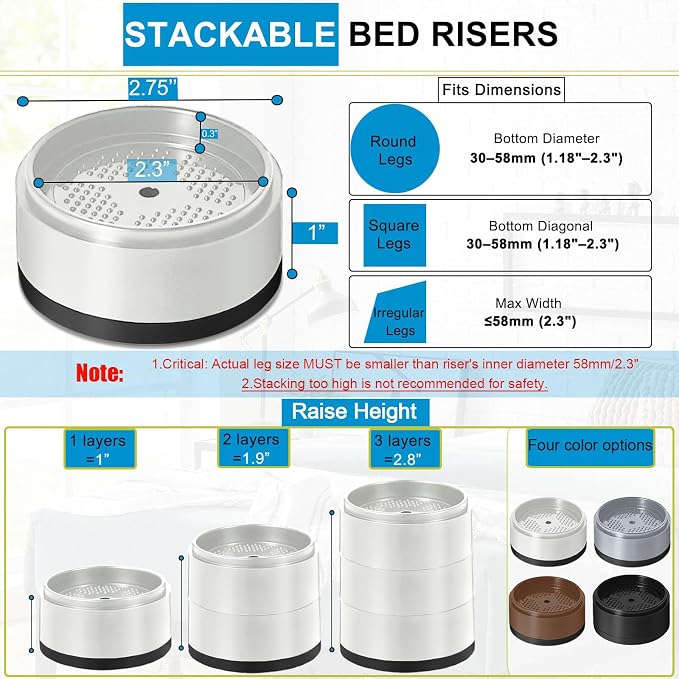 Bed Risers 1 inch, 2 inch, 3 inch, 4 inch Heavy Duty, Adjustable Furniture Riser for Table Desk Couch Sofa Chair Refrigerator Washing Machine, Stackable Bed Raisers Blocks (White 4 Pack, 1+1+1 inch)