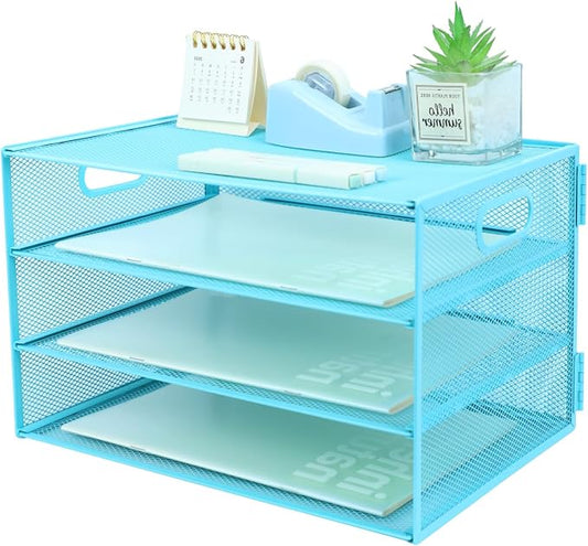 3 Tier Lettrer Tray Organizer, Metal Mesh Desk File Organizer with Sliding Trays, Paper Sorter Desk Organizer for Home Office School, Blue