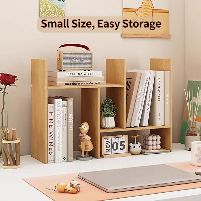 Desktop Shelf Organizer, Adjustable Wood Office Storage Rack, Counter Display Small Bookshelf for Home/Office/School(Light Walnut)