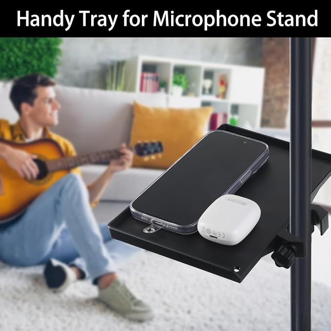 Microphone Stand Tray, Plastic Clamp on Firm Rack Tray Holder, Adjustable Mic Stand Desk Shelf with 4 Pound Capacity for Stage, Music Sheet, Recording, Live Streaming, Karaoke, Podcast (7.9" × 5.5")