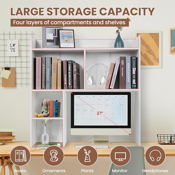 Desktop Bookshelf 36" Tall, White Desk Hutch for Dorm Computer Desk, 4-Tire Wood Desk Shelf Storage Organizer for Office Home