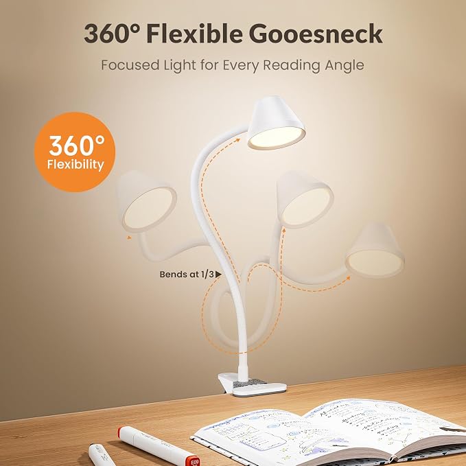 LEPOWER Clip on Light, Reading Lights for Books in Bed with 5 Colors & Stepless Dimming, RG0 Eye-Care, Auto Timer & Night Light, Strong Clamp for Headboard, Bedside, Desk, White