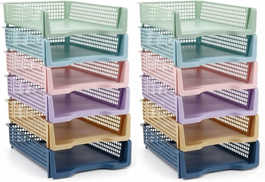 Weysat 12 Pcs Turn in Trays Classroom, Stackable Paper Tray for Classroom Organization Plastic Desk File Organizer Bin Basket for Library Drawer Teacher Office Document Storage (Morandi Pastel,Narrow)